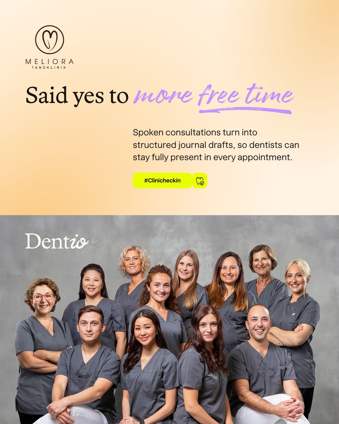 Dentio LinkedIn post graphic for the Meliora Tandklinik clinic check-in.