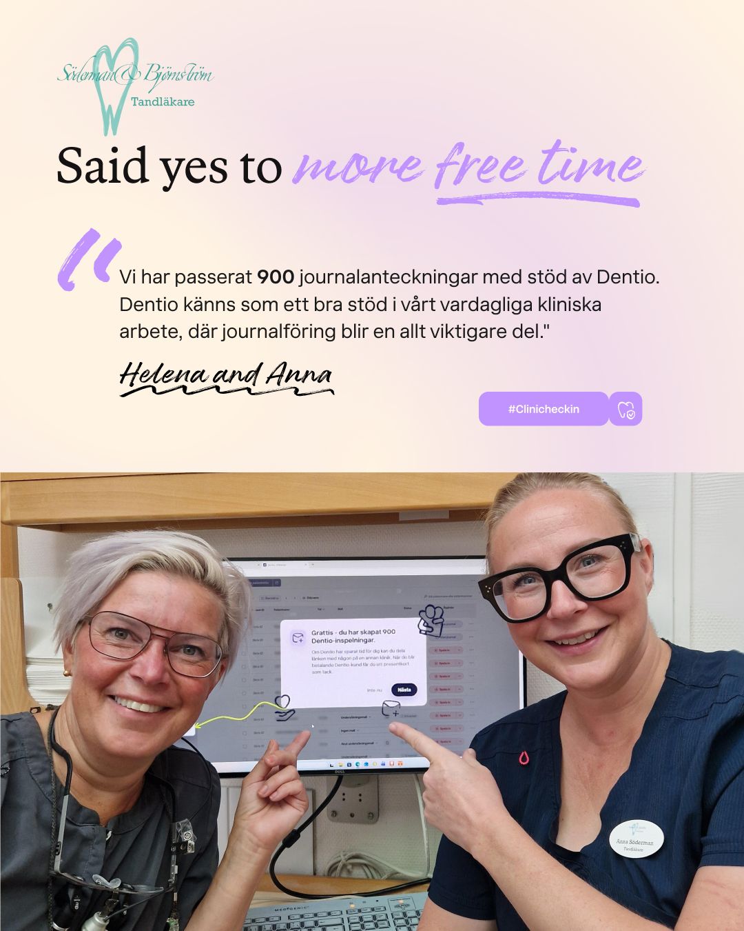 Dentio LinkedIn post graphic for the Soderman & Bjornstrom clinic check-in.