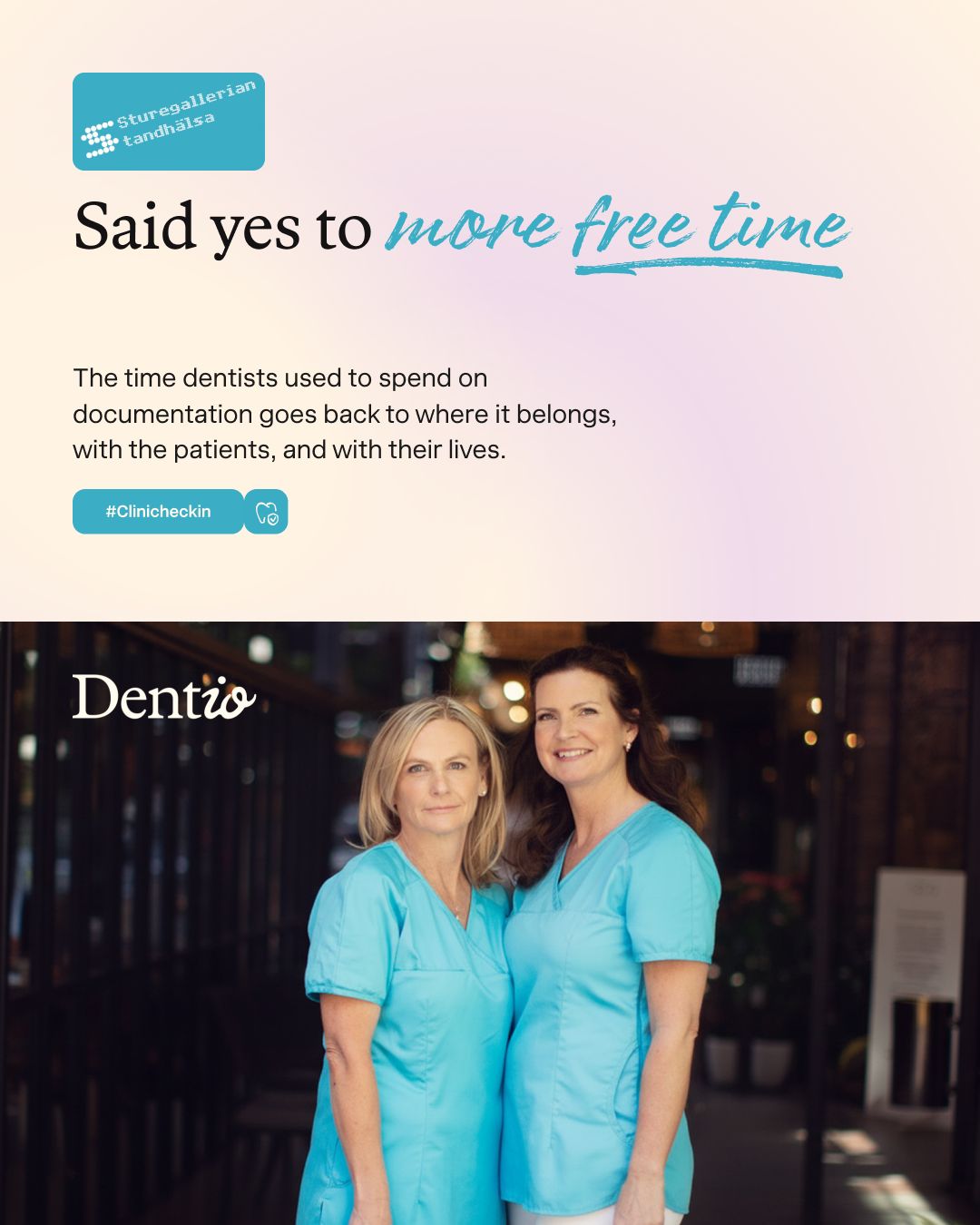 Dentio LinkedIn post graphic for the Sturegallerian Tandhalsa clinic check-in.